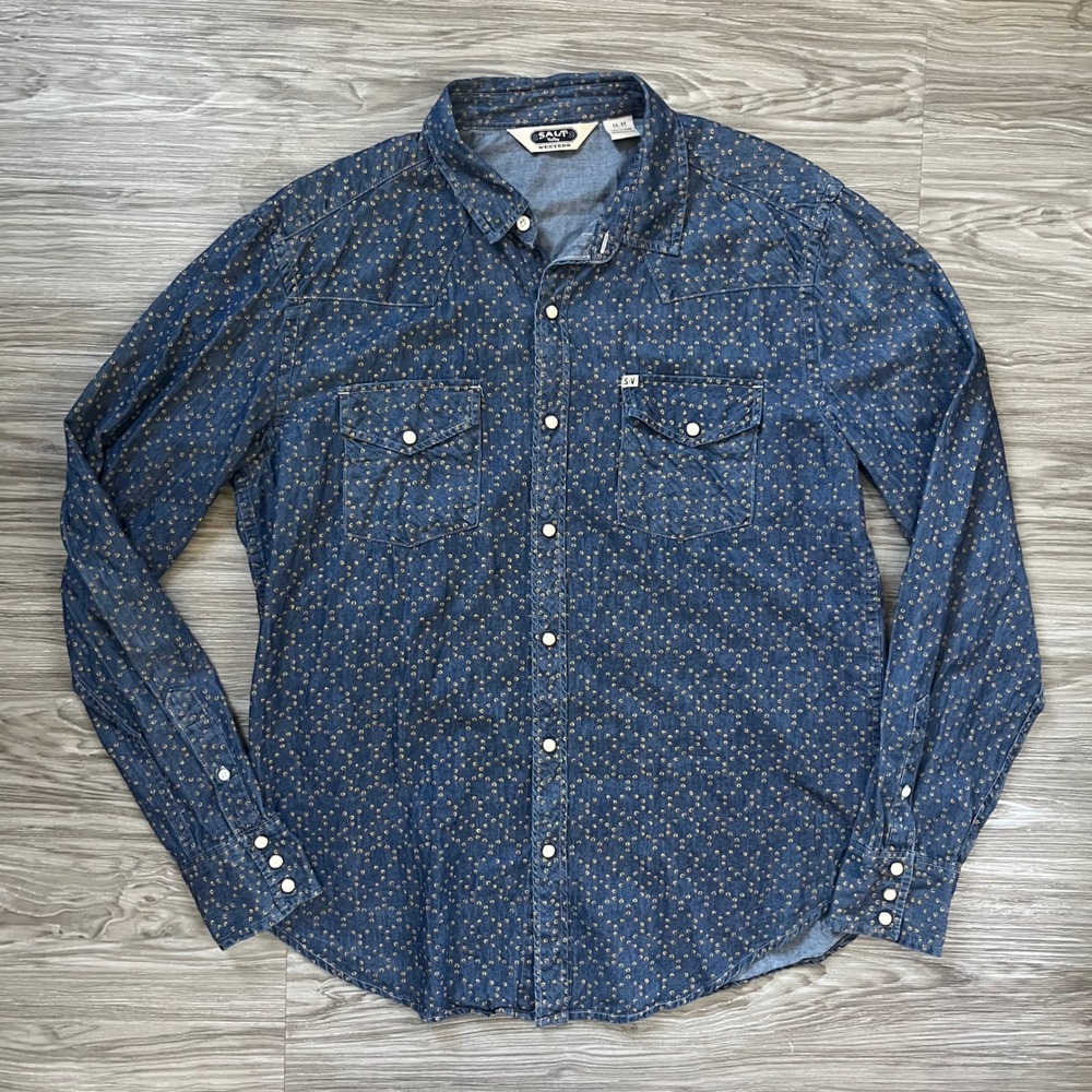 Salt Valley Western Mens Blue Denim Pearl Snap Shirt Circle Print Medium M